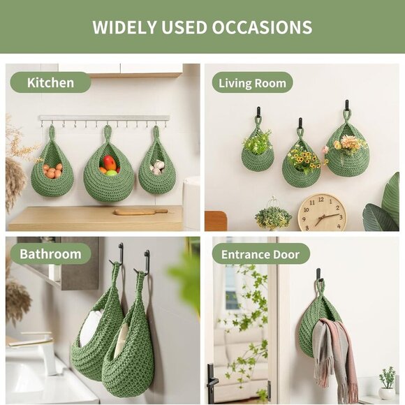 Boho Wall Hanging Fruit Baskets for Kitchen 3 Pack Woven Produce Holder with 6 P - Picture 6 of 7